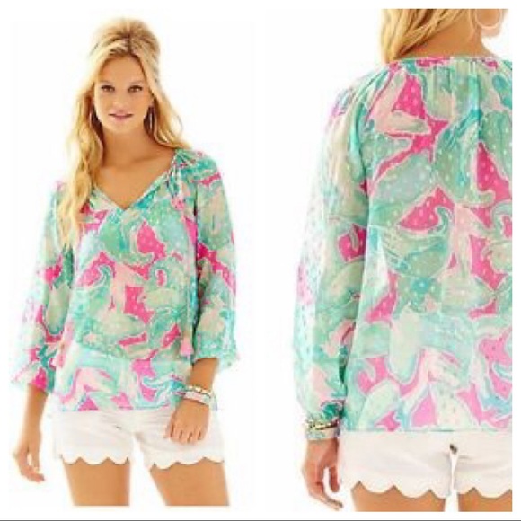 Lilly Pulitzer Tops - Lilly Pulitzer Rilla Top Metallic Blouse Tassel XS